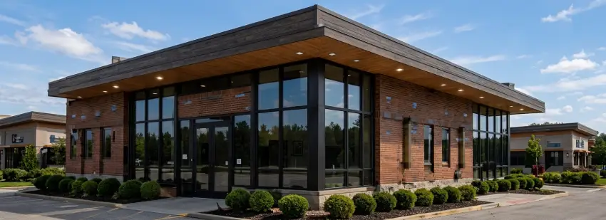 Modern brick building with large windows and landscaped entrance