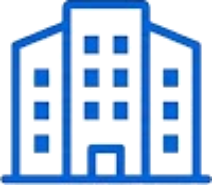 Blue icon of a multi-story office building with several windows