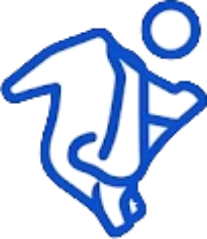 Blue outline logo of a stylized person with a circular head