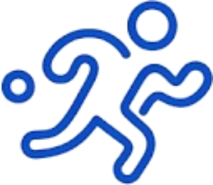Blue line art icon of a person running or playing sports