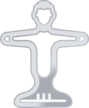 White outline icon of a person with arms outstretched standing on a base