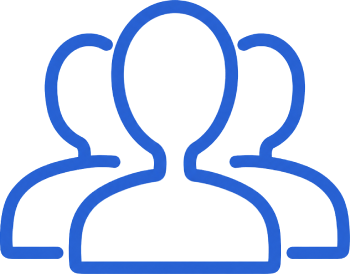 blue outline icon of three people representing specialties team