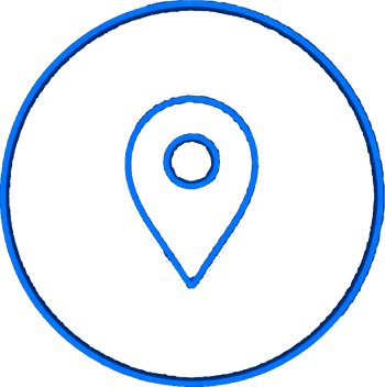 Blue outline location pin icon inside a circle