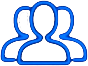Blue neon outline icon showing three stylized people figures