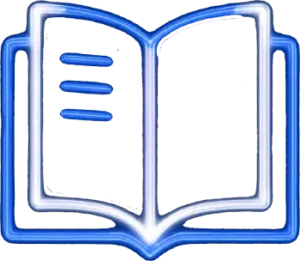 Open book icon with blue lines on left page