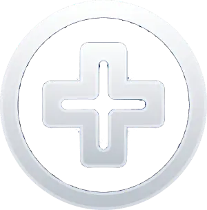 A white plus sign icon centered within a black circle with a thick silver border.