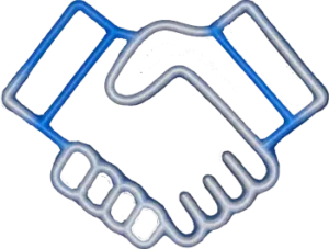 Neon blue and white handshake icon representing partnership