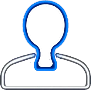 Blue and white outline icon of a person silhouette on a black background