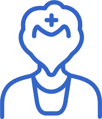 Blue line icon of a medical professional wearing a stethoscope and a cross symbol