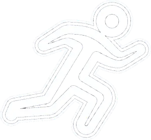 Stylized white stick figure icon of a person running against a black background