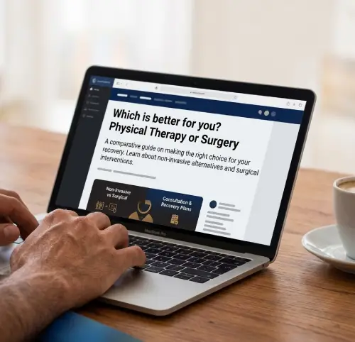 Person using a laptop to read a guide comparing physical therapy and surgery options.
