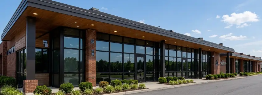 Modern single-story commercial building with large glass windows and wood-paneled soffits