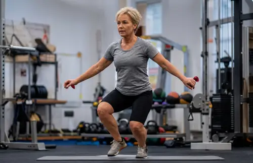 Fit woman performing a squat with dumbbells in a gym
