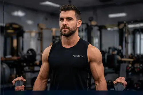 Muscular man in a black tank top holding dumbbells in a gym