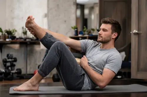 Man doing leg stretch exercise on yoga mat indoors