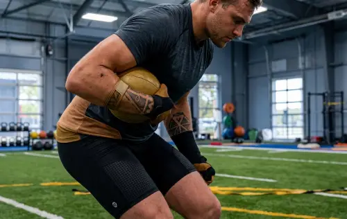 Muscular man in athletic gear training with a medicine ball in a gym