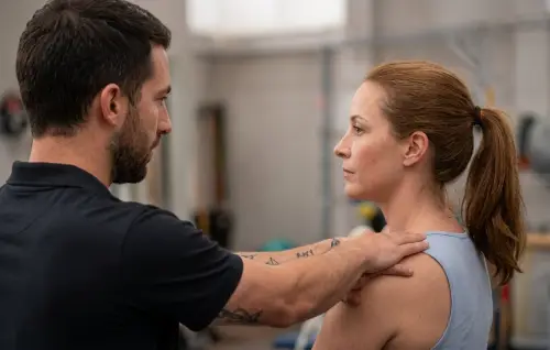 Male physical therapist examining a woman's shoulder in a clinic setting
