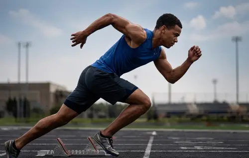 Male athlete in blue tank top sprinting from starting blocks on a track