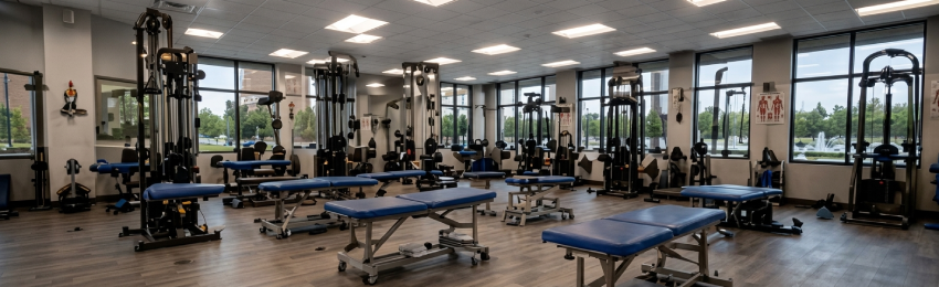 A spacious gym facility with various weightlifting machines, benches, and strength training equipment.