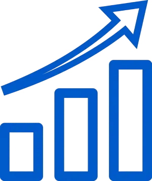 Blue bar graph with an upward trending arrow indicating growth and success