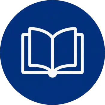 White outline of an open book inside a blue circle, representing reading or education on the Home page.